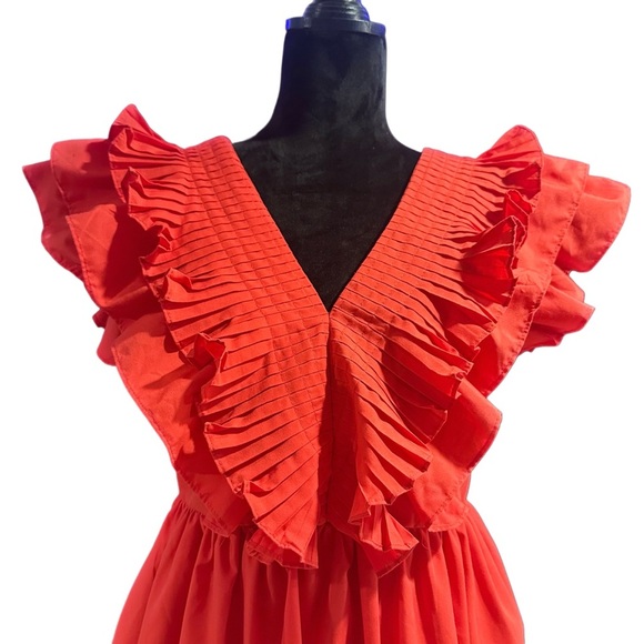 Entro Coral Red Ruched V-Neck Sundress - Picture 2 of 8